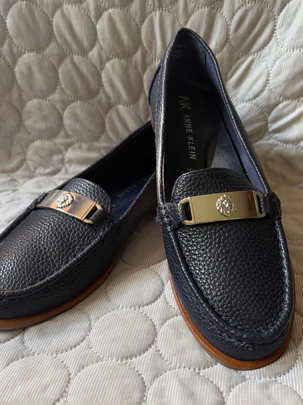Anne Klein Navy Pebbled Leather Loafers with Gold Accent